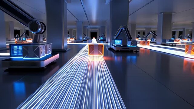 Futuristic supply chain animation of a global logistics network with an automated warehouse showing distribution and delivery. - Powered by Adobe