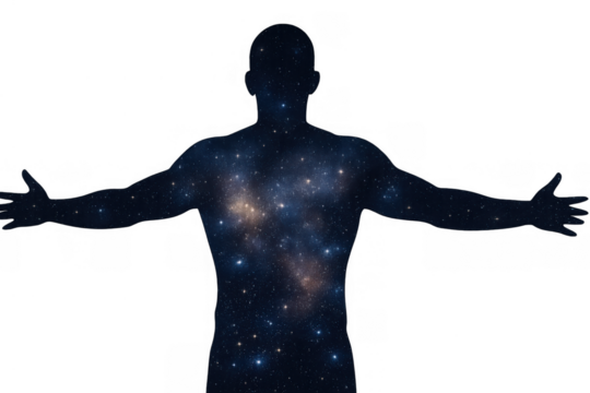 Human silhouette merging with cosmos, representing spirituality, universe connection, and limitless potential, transparent background