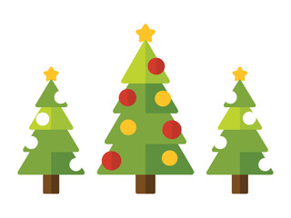 Three stylized Christmas trees decorated with baubles and stars are presented on a white background.
