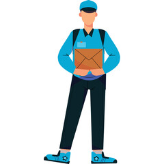 Delivery Man in Blue Uniform Holding Cardboard Package Standing Against Transparent Background