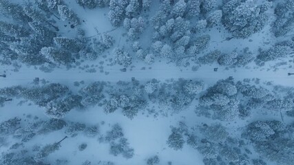 Winter drone footage, frozen landscape captured by drone, aerial filming of icy snowy terrain and trail, surveying snowcovered landscapes with drones during cold winter months for stunning visual - Powered by Adobe