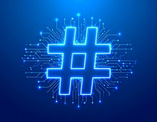 A glowing blue hashtag symbol surrounded by interconnected circuit board lines on a dark backdrop