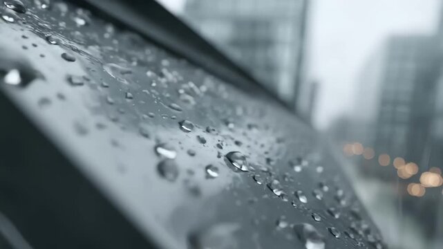 Medium shot of rain beading and rolling off a hydrophobic exterior coating on a sleek urban structure showcasing water repellent properties and maintenance ease.