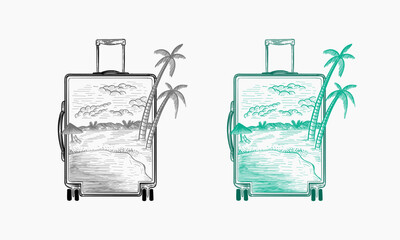 hand drawn summer illustration, suitcase with island beach summer vibe vector, Summer travel luggage vector design