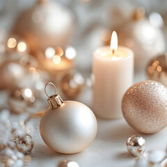 Elegant Christmas baubles and glowing candle on soft white background with bokeh lights for cozy holiday decor and festive atmosphere