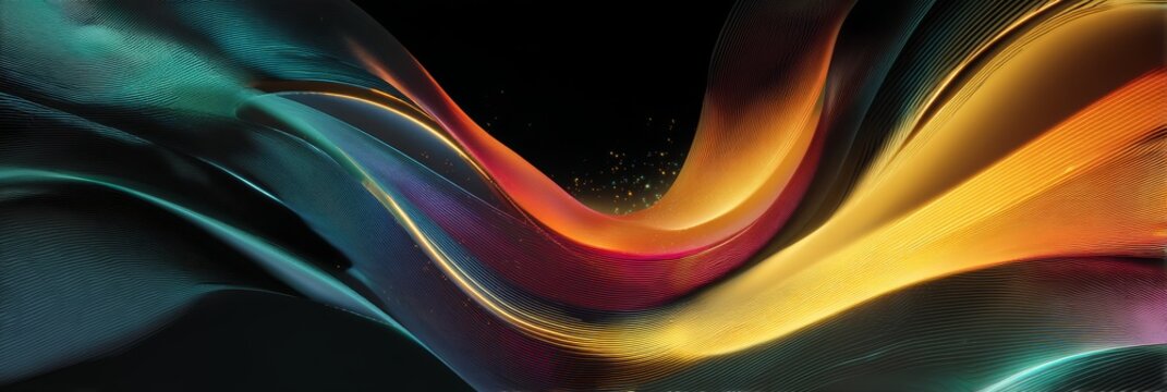 Abstract colorful waves in shades of green, orange, and blue against a black background. Smooth flowing lines create a dynamic visual effect.