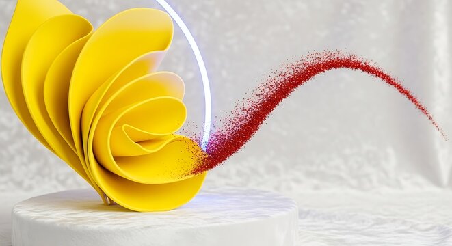 Elegant yellow abstract floral design with vibrant red particle trail