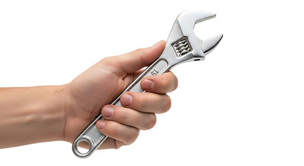 Human hand, holding a silver adjustable wrench tool, isolated on white or transparent background. PNG