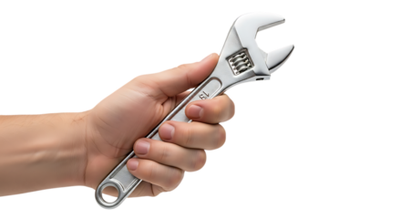 Human hand, holding a silver adjustable wrench tool, isolated on white or transparent background. PNG