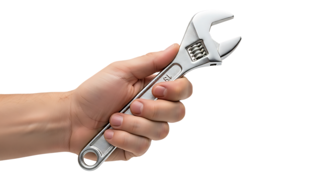 Human hand, holding a silver adjustable wrench tool, isolated on white or transparent background. PNG