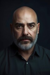 Fototapeta premium Studio portrait of a serious bald man with a full beard against a dark background, emphasizing strong facial features, dramatic lighting, and a confident, introspective expression in a minimalist sett