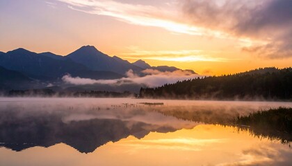 Fototapeta premium Stunning scenic panorama of mountains, lake, and clouds under an amazing sunrise