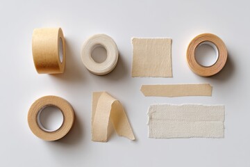 Variety of beige adhesive tapes and swatches arranged on white background