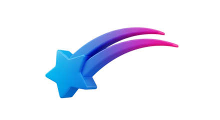 3 D Blue Star, with gradient trails of purple and pink, isolated on white or transparent background. PNG