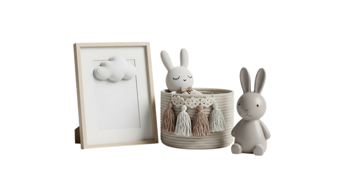 Decorative baby nursery items, including a framed picture with a cloud, a woven basket with tassels, and a bunny figurine, isolated on white or transparent background. PNG