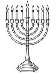 Hanukkah menorah line art illustration. A nine-branch candelabra, a hanukkiyah celebrating Jewish holiday. Vector design isolated on transparent background.