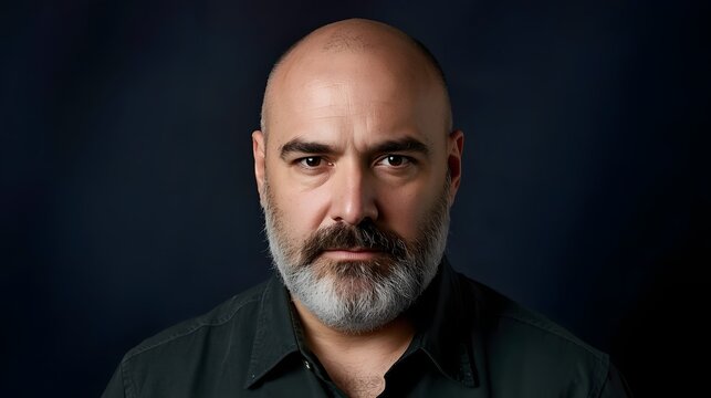 Studio portrait of a serious bald man with a full beard against a dark background, emphasizing strong facial features, dramatic lighting, and a confident, introspective expression in a minimalist sett
