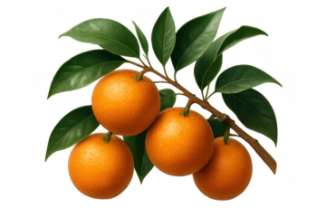 Oranges ripening on a branch with green leaves, depicting healthy, natural, and fresh citrus fruit, transparent background
