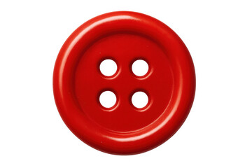 Red round plastic button with four holes, fastening element for clothes and crafts on transparent background