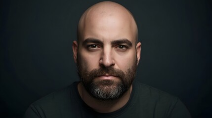 Fototapeta premium Studio portrait of a serious bald man with a full beard against a dark background, emphasizing strong facial features, dramatic lighting, and a confident, introspective expression in a minimalist sett