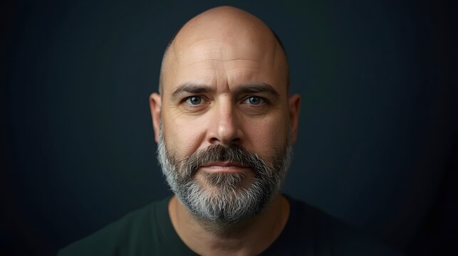 Studio portrait of a serious bald man with a full beard against a dark background, emphasizing strong facial features, dramatic lighting, and a confident, introspective expression in a minimalist sett