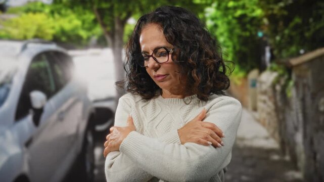 Mature hispanic woman with curly hair feeling cold on a city street crossing her arms wearing a white sweater outdoors on a chilly day