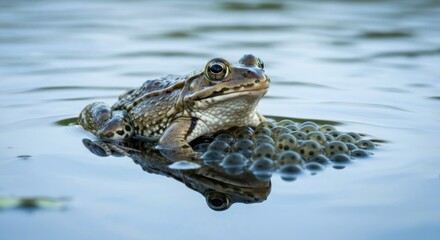 Obraz premium Frog resting atop a clutch of eggs in still water, reflection visible