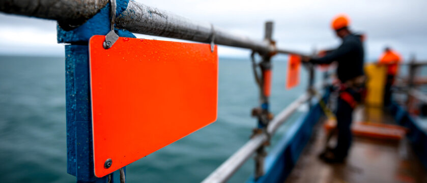 A worker on a platform near water, with bright orange safety signs, illustrating a maritime or industrial environment.