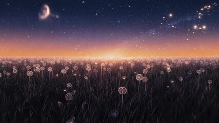 Field of dandelions under a starlit night sky, light rising on the horizon - Powered by Adobe