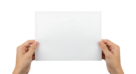 Two hands, holding a blank white sheet of paper with a plain, isolated on white or transparent background. PNG