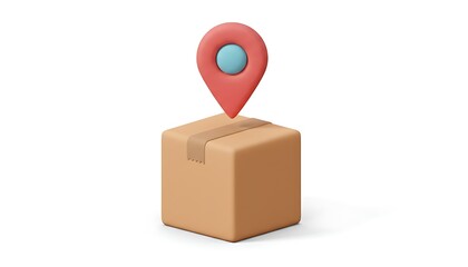 3D cardboard delivery box with a floating red location pin in pastel clay style, symbolizing shipping, logistics, fast delivery, and modern e-commerce tracking.