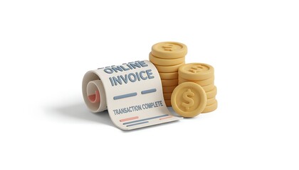 3D render of a printed receipt rolled beside stacked golden coins in soft clay pastel tones, symbolizing payment, finance, budgeting, spending, and modern shopping transactions.