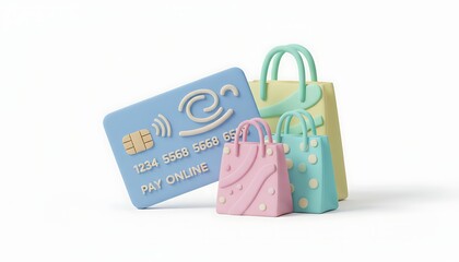 3D clay-style credit card leaning against colorful shopping bags in soft pastel tones, symbolizing online shopping, payment, retail purchase, and modern e-commerce.