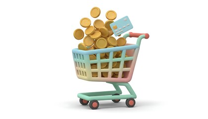 3D clay-style shopping cart filled with floating golden coins and a credit card, soft pastel tones and smooth shapes, symbolizing online shopping, payment, savings, and e-commerce success.