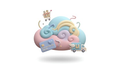3D cloud shape with floating shopping cart, credit card, and delivery icons in soft pastel tones, symbolizing cloud shopping, e-commerce systems, digital retail, and online transactions.