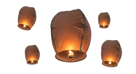 Multiple illuminated sky lanterns, floating upwards with visible flames, isolated on white or transparent background. PNG