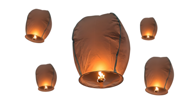 Multiple illuminated sky lanterns, floating upwards with visible flames, isolated on white or transparent background. PNG
