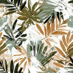 Naklejka premium Abstract palm leaf seamless pattern with brush strokes and texture. Tropical jungle foliage background for textile, print, or wallpaper design in earthy tones.
