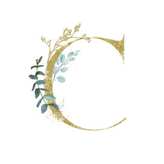 Fototapeta premium Gold Floral Alphabet - letter C with botanic branch bouquet composition. Unique collection for wedding invitations, baby shower, prints, wallpapers, greeting cards, birthdays, etc.