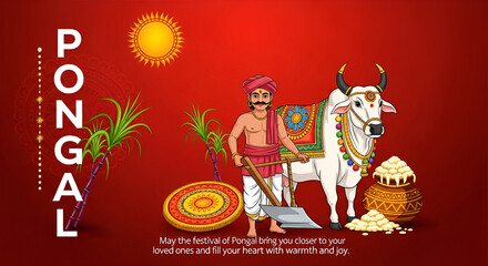 Naklejka premium Tamil Nadu festival Happy Pongal with Pongal props, holiday Background, Pongal celebration greeting card, abstract vector illustration design.
