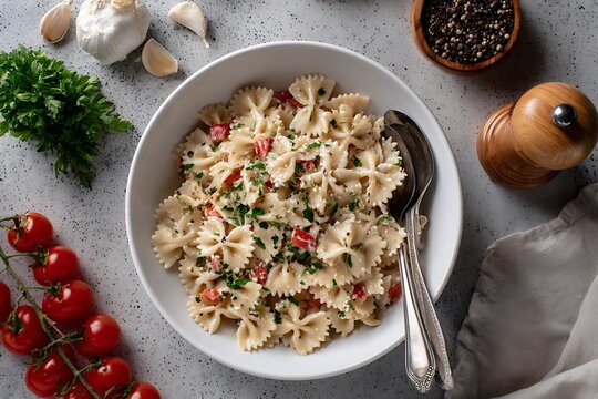Delicious creamy pasta salad with fresh tomatoes and herbs ready for a summer gathering or a quick weeknight meal, showcasing healthy eating and vibrant flavors
