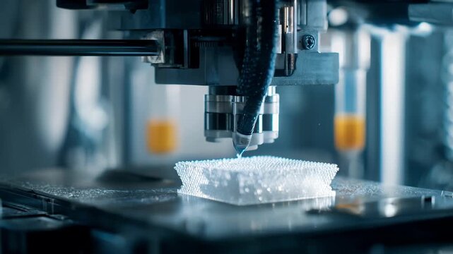 Closeup medium shot of a multilayer 3D printer creating detailed medical implants showcasing intricate layers and lifelike textures in a sterile lab setting.