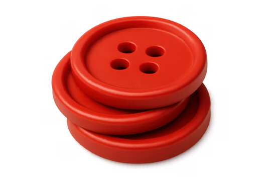 Red sewing buttons stacked on transparent background, symbolizing creativity, fashion, and handicraft industry