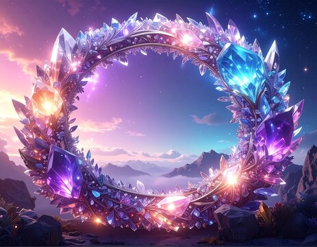 A glowing crystal ring floats over a serene mountain landscape at sunset - Powered by Adobe