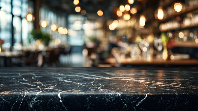 Elegant dark marble countertop with warm bokeh lights of a cozy restaurant interior creating a sophisticated ambiance for product placement - Powered by Adobe