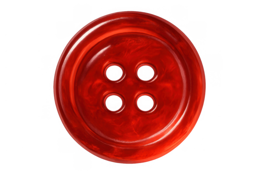 Red sewing button, round plastic fastener with four holes, attaching clothing elements, fashion and tailoring accessory