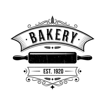 Vintage bakery logo with rolling pin and banner illustration.