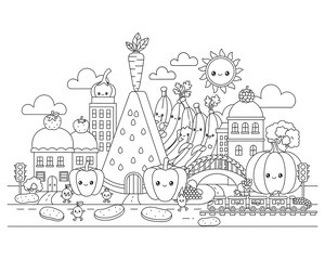 Fototapeta premium A playful city scene featuring anthropomorphic fruits and vegetables