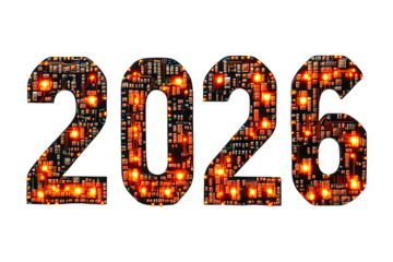 Futuristic Circuit-Board Style 2026 Text with Illuminated Details on Transparent Background