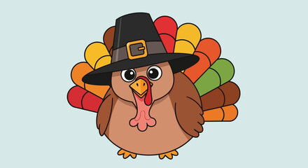 Thanksgiving Turkey with Pilgrim Hat Cartoon Illustration for Holiday Season